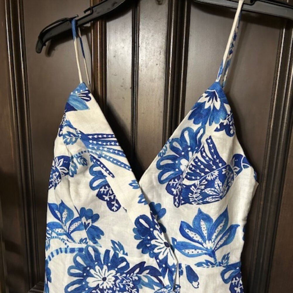 Farm Rio FloralBirds Off White 100% Linen Mini Dress with Adjustable Straps - Picture 2 of 15